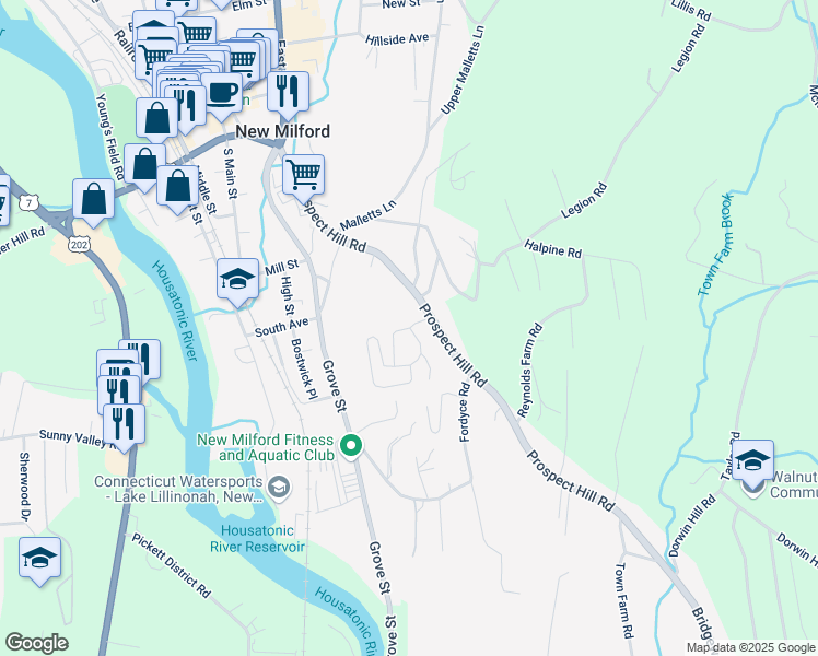 map of restaurants, bars, coffee shops, grocery stores, and more near 66 Beard Drive in New Milford