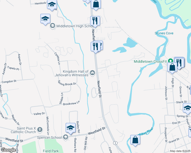 map of restaurants, bars, coffee shops, grocery stores, and more near 449 Newfield Street in Middletown