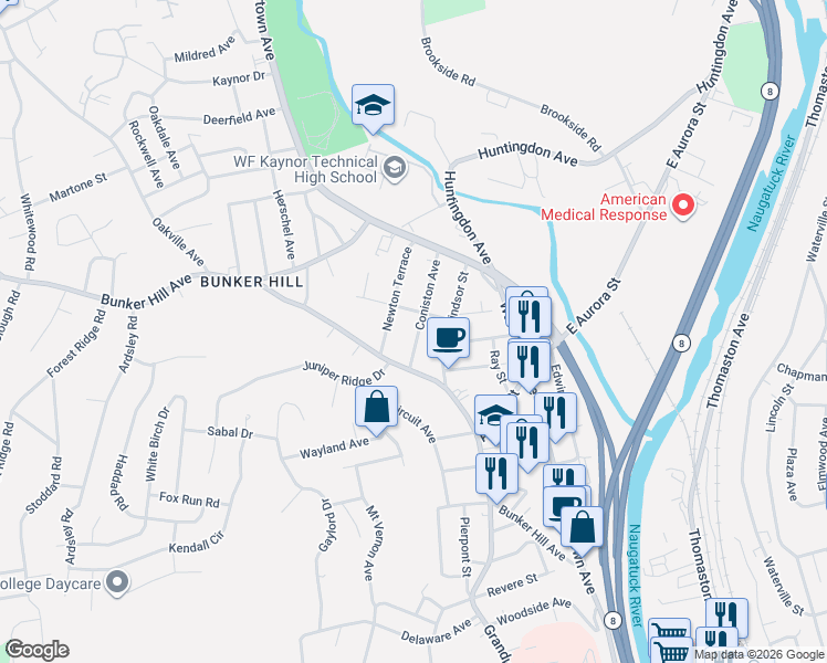 map of restaurants, bars, coffee shops, grocery stores, and more near 153 Newton Terrace in Waterbury