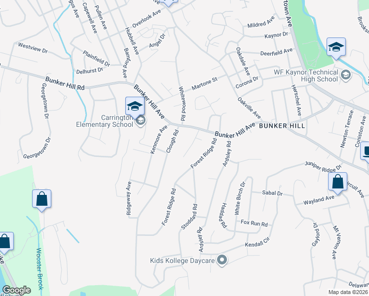 map of restaurants, bars, coffee shops, grocery stores, and more near 55 Jillson Circle in Waterbury