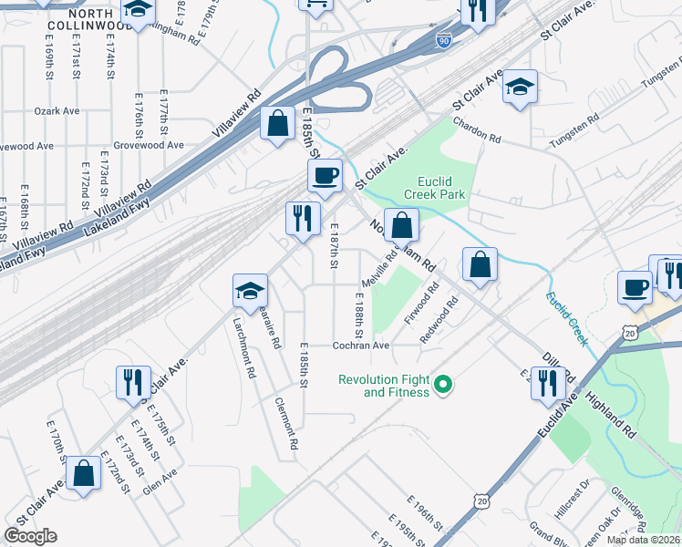 map of restaurants, bars, coffee shops, grocery stores, and more near 1320 East 187th Street in Cleveland