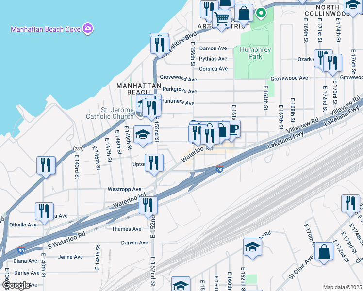 map of restaurants, bars, coffee shops, grocery stores, and more near 15404 Shiloh Road in Cleveland