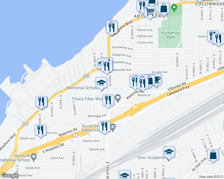 map of restaurants, bars, coffee shops, grocery stores, and more near 15218 Shiloh Road in Cleveland