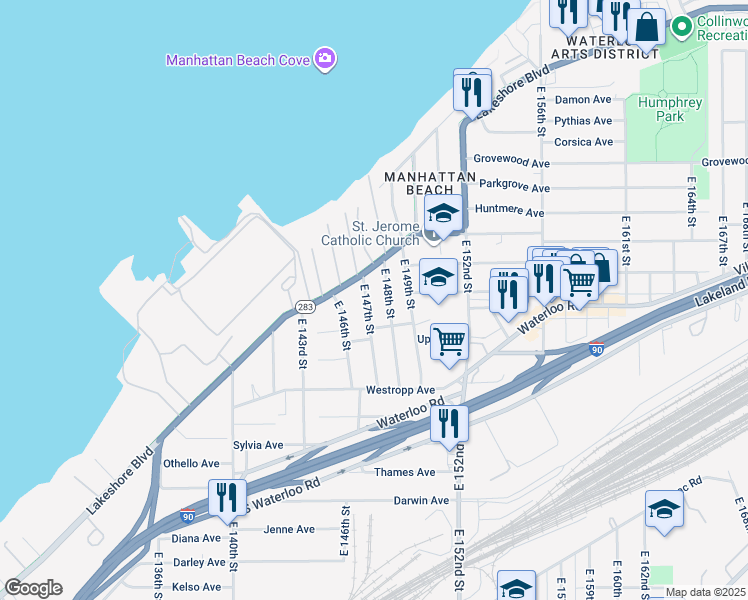 map of restaurants, bars, coffee shops, grocery stores, and more near 423 East 147th Street in Cleveland