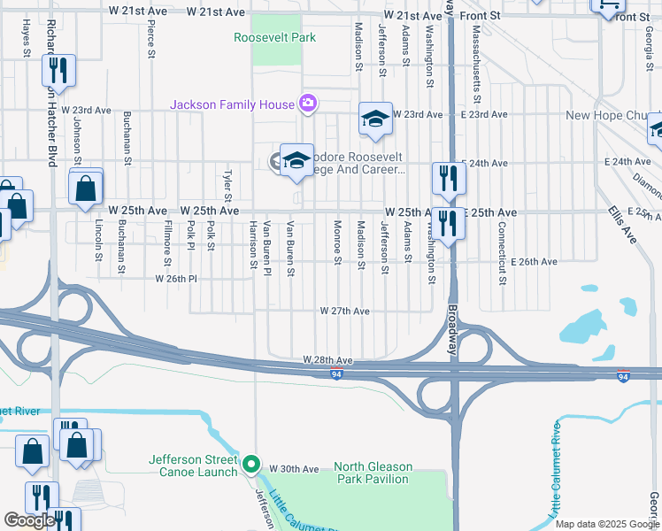 map of restaurants, bars, coffee shops, grocery stores, and more near 2621 Monroe Street in Gary