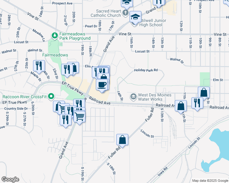 map of restaurants, bars, coffee shops, grocery stores, and more near 224 Holiday Circle in West Des Moines