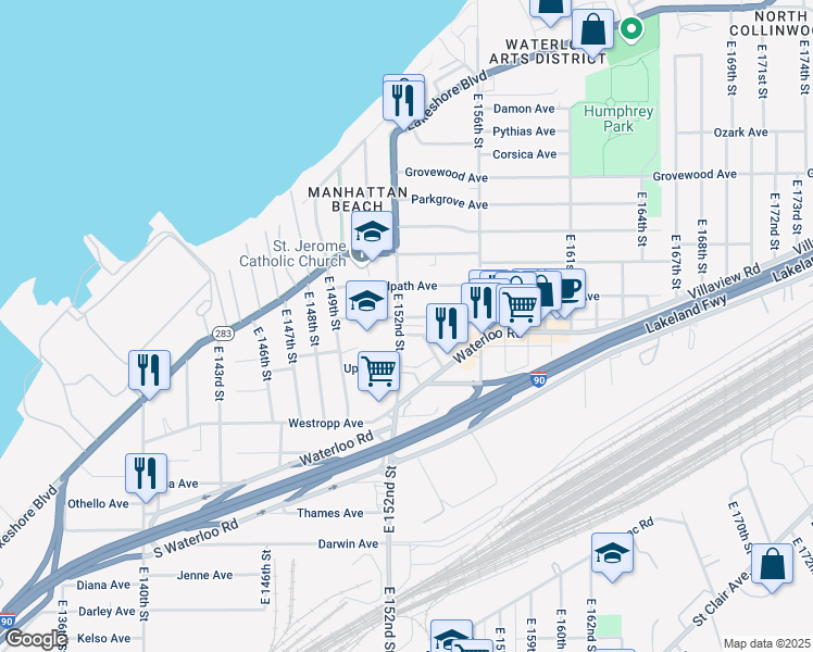 map of restaurants, bars, coffee shops, grocery stores, and more near 403 East 152nd Street in Cleveland