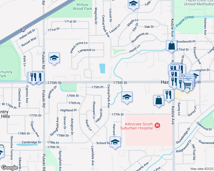 map of restaurants, bars, coffee shops, grocery stores, and more near 17500 Central Park Avenue in Country Club Hills