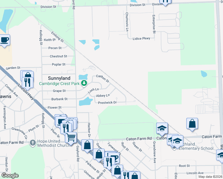 map of restaurants, bars, coffee shops, grocery stores, and more near 21407 Abbey Lane in Crest Hill