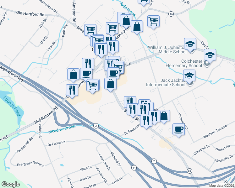 map of restaurants, bars, coffee shops, grocery stores, and more near 179 South Main Street in Colchester