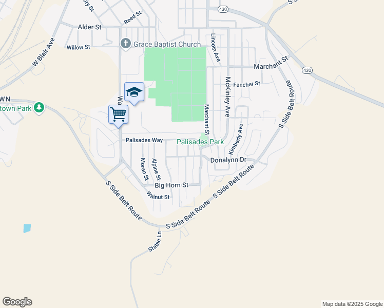 map of restaurants, bars, coffee shops, grocery stores, and more near 1402 Palisades Way in Rock Springs