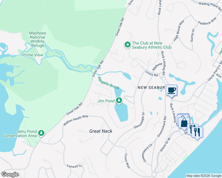 map of restaurants, bars, coffee shops, grocery stores, and more near 41 Fells Pond Road in Mashpee