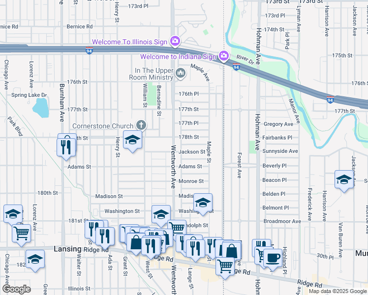map of restaurants, bars, coffee shops, grocery stores, and more near 3639 Jackson Street in Lansing
