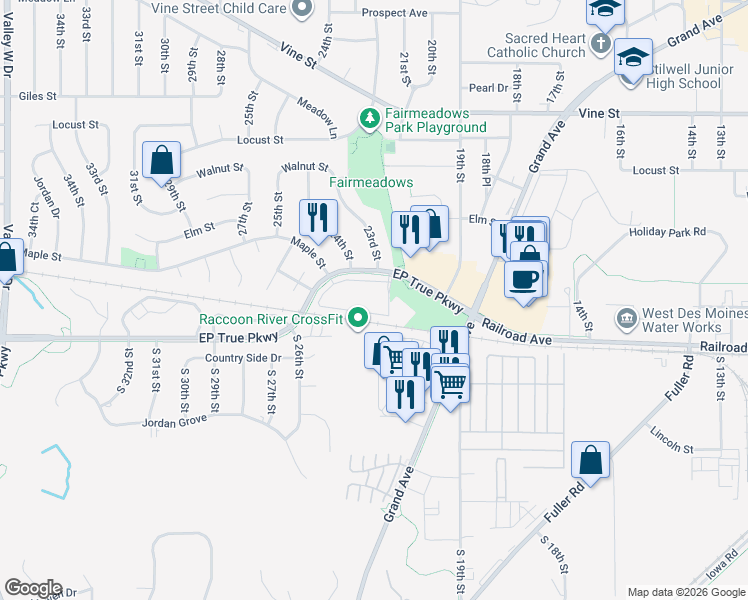 map of restaurants, bars, coffee shops, grocery stores, and more near 2340 EP True Parkway in West Des Moines