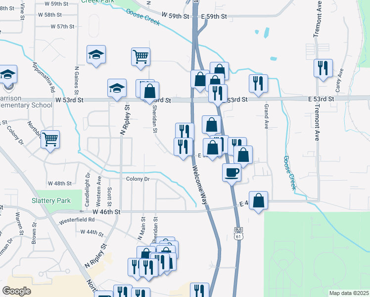 map of restaurants, bars, coffee shops, grocery stores, and more near 5002 Welcome Way in Davenport