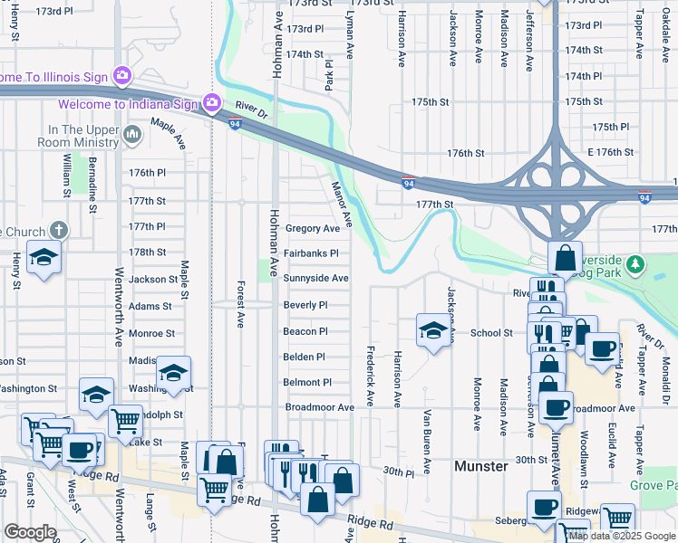 map of restaurants, bars, coffee shops, grocery stores, and more near 317 Sunnyside Avenue in Munster
