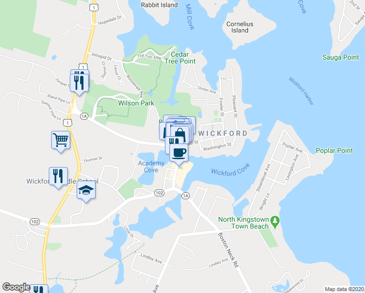 map of restaurants, bars, coffee shops, grocery stores, and more near 70 Brown Street in North Kingstown