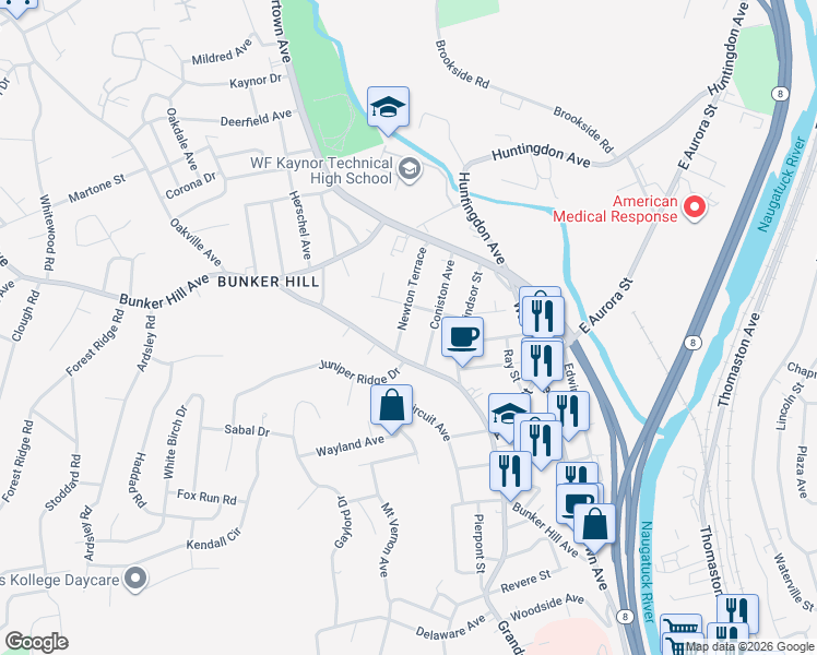 map of restaurants, bars, coffee shops, grocery stores, and more near 153 Newton Terrace in Waterbury