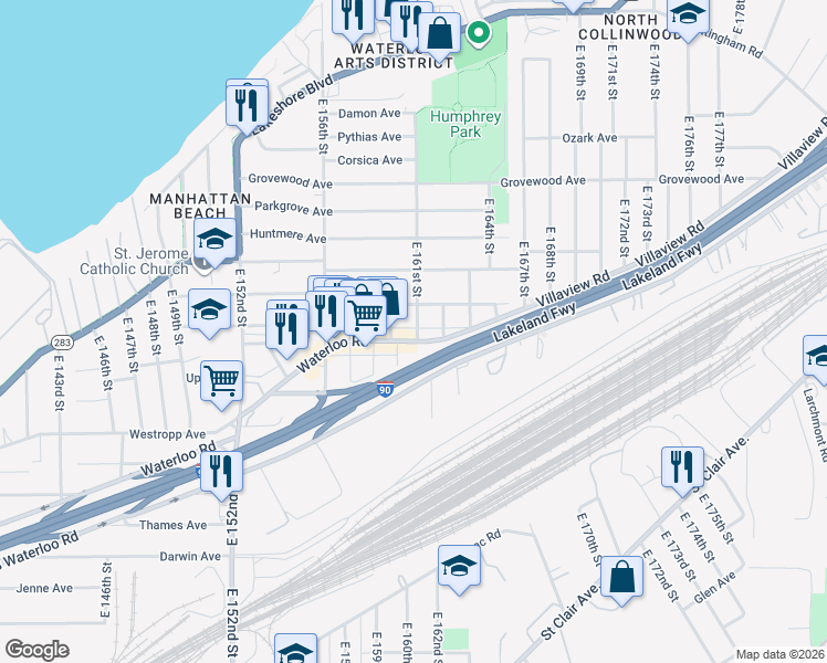 map of restaurants, bars, coffee shops, grocery stores, and more near 16100 Waterloo Road in Cleveland
