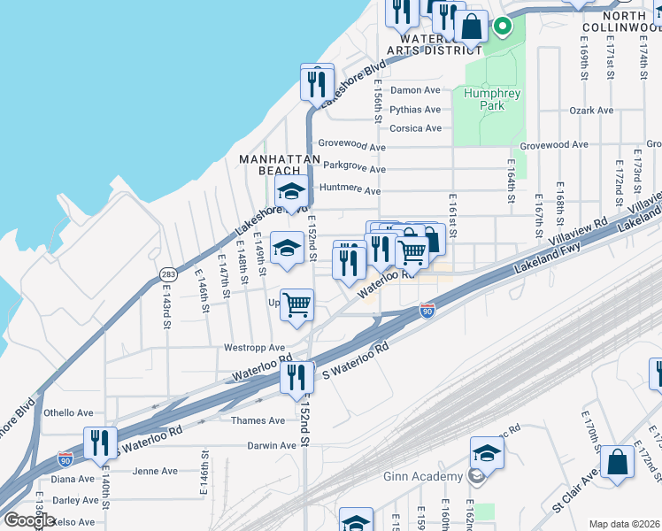 map of restaurants, bars, coffee shops, grocery stores, and more near 15218 Shiloh Road in Cleveland