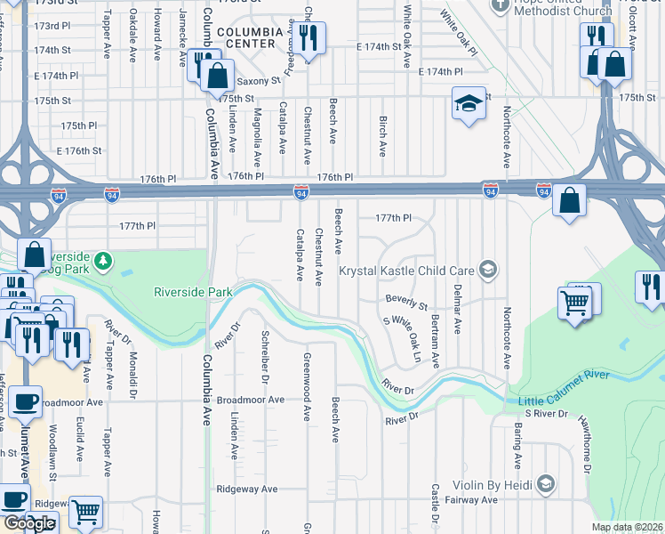 map of restaurants, bars, coffee shops, grocery stores, and more near 7808 Beech Avenue in Hammond