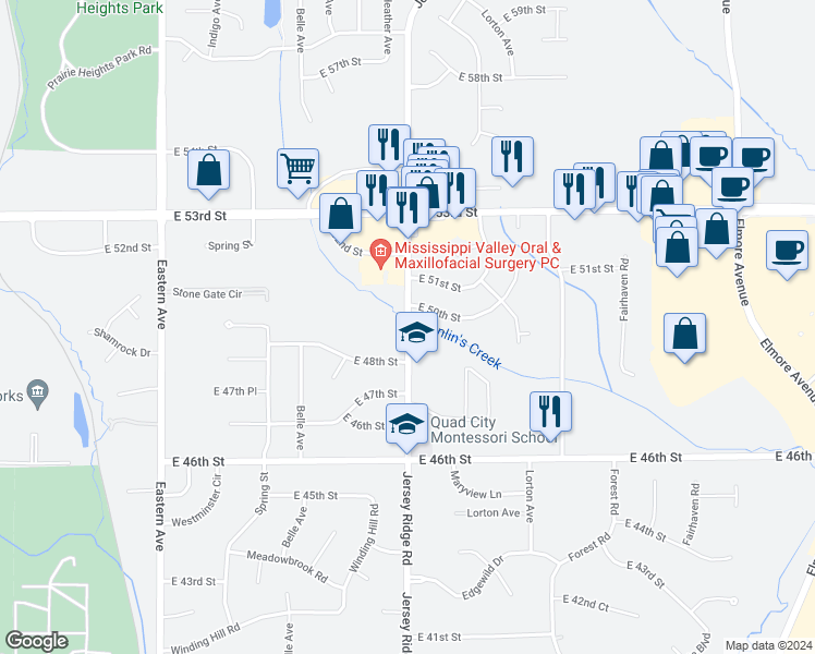 map of restaurants, bars, coffee shops, grocery stores, and more near 4960 Jersey Ridge Road in Davenport