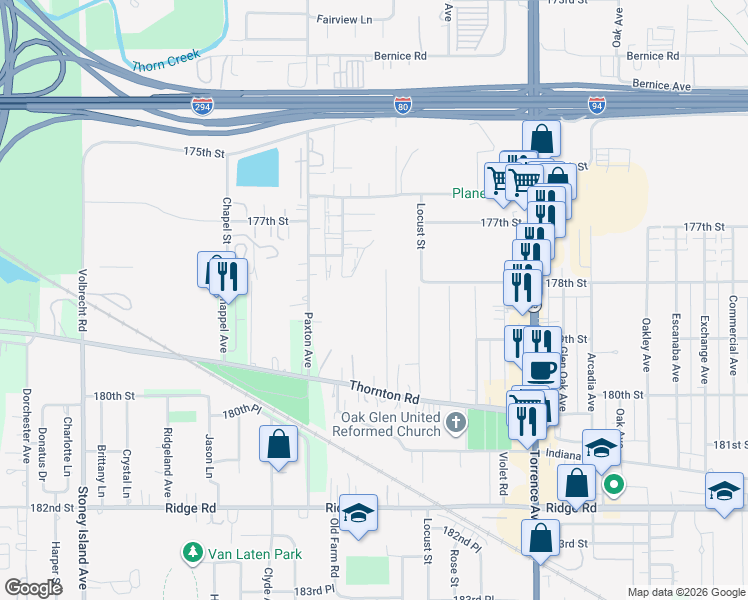 map of restaurants, bars, coffee shops, grocery stores, and more near 17854 Bock Road in Lansing