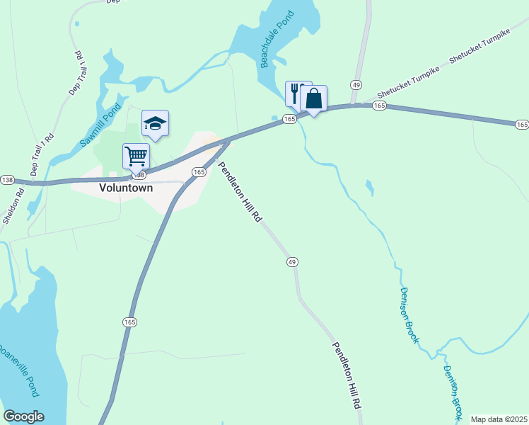 map of restaurants, bars, coffee shops, grocery stores, and more near 99 Pendleton Hill Road in Voluntown