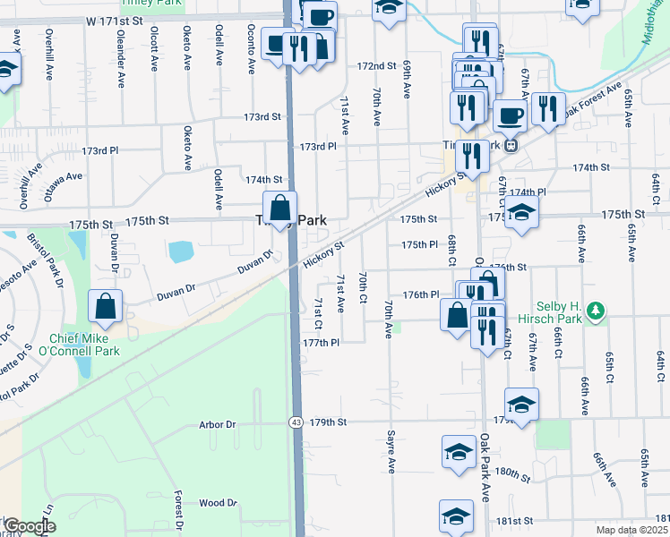 map of restaurants, bars, coffee shops, grocery stores, and more near 17544 71st Avenue in Tinley Park