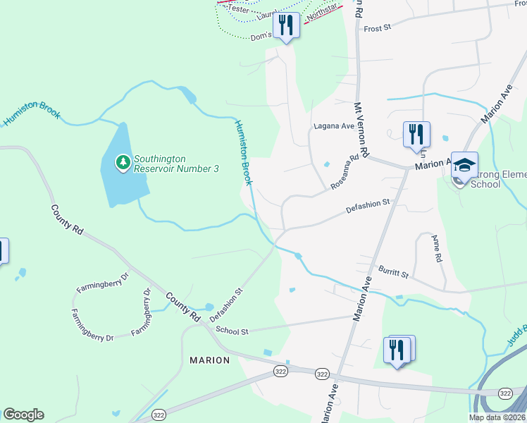 map of restaurants, bars, coffee shops, grocery stores, and more near 195 Roseanna Road in Southington