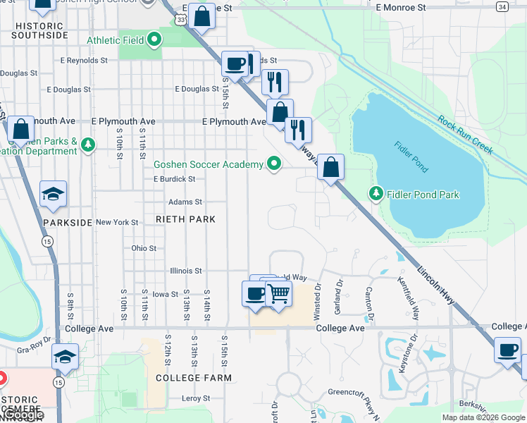 map of restaurants, bars, coffee shops, grocery stores, and more near 1208 South 16th Street in Goshen