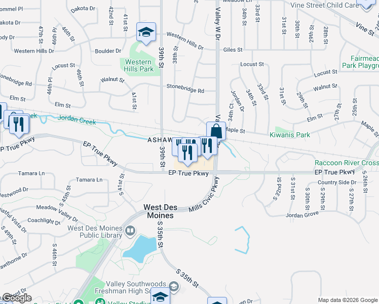 map of restaurants, bars, coffee shops, grocery stores, and more near 3725 Oak Creek Place in West Des Moines