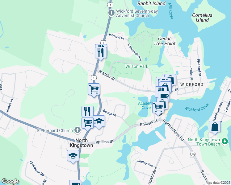 map of restaurants, bars, coffee shops, grocery stores, and more near 7 Thomas Street in North Kingstown