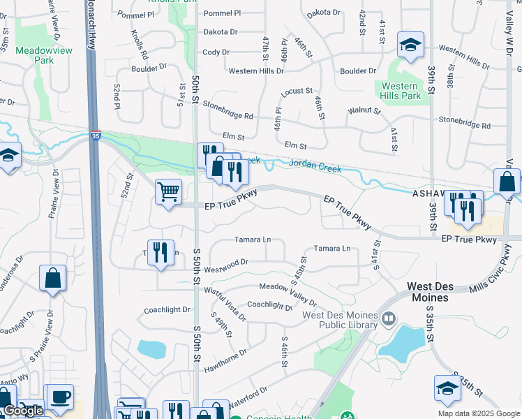 map of restaurants, bars, coffee shops, grocery stores, and more near 4700 EP True Parkway in West Des Moines