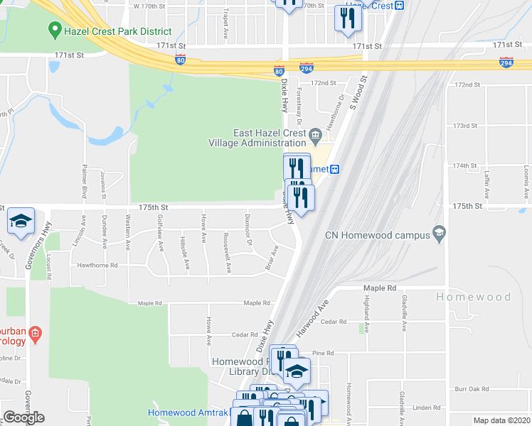 map of restaurants, bars, coffee shops, grocery stores, and more near 2031 175th Street in Homewood