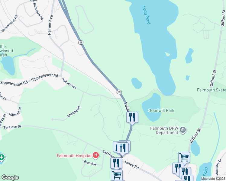 map of restaurants, bars, coffee shops, grocery stores, and more near 703 Palmer Avenue in Falmouth