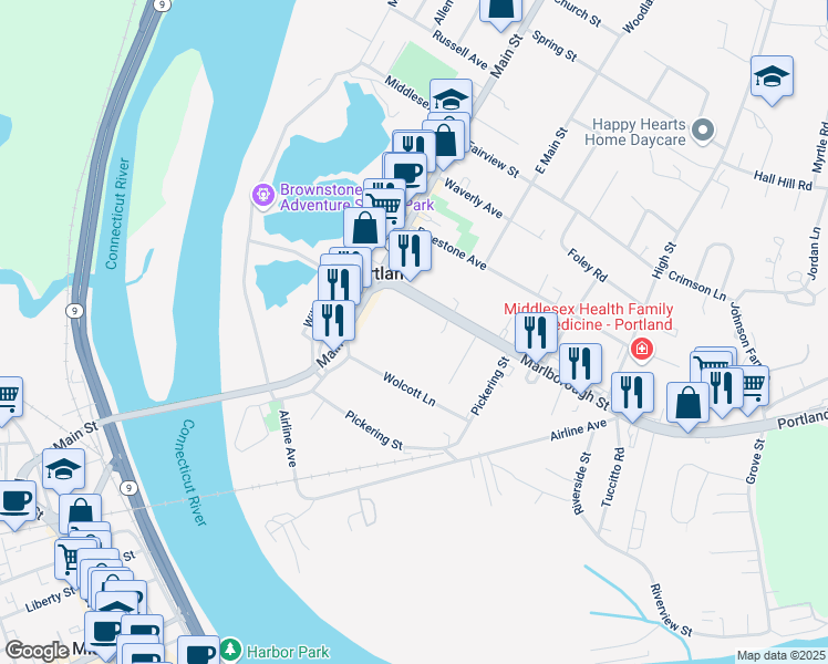 map of restaurants, bars, coffee shops, grocery stores, and more near Wolcott Ave in Portland