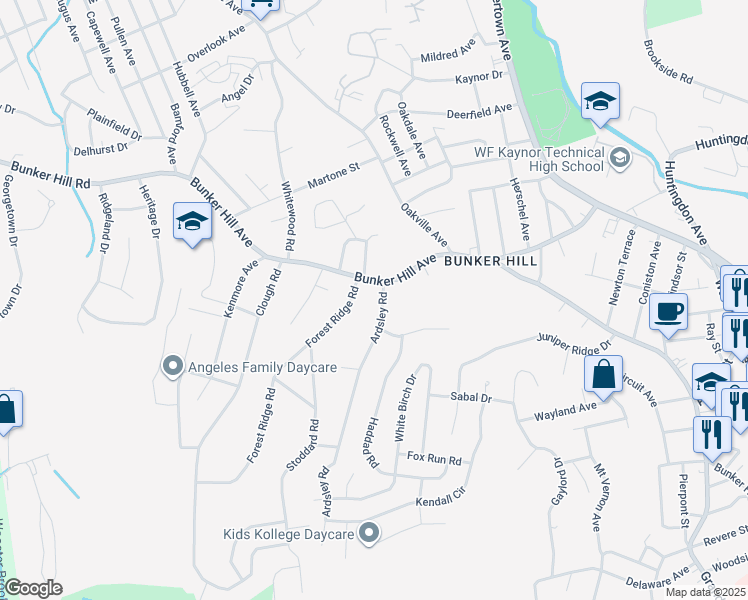 map of restaurants, bars, coffee shops, grocery stores, and more near 50 Ardsley Road in Waterbury