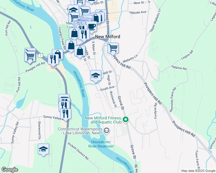 map of restaurants, bars, coffee shops, grocery stores, and more near 4 Bostwick Place in New Milford