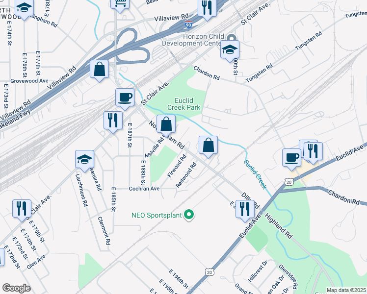map of restaurants, bars, coffee shops, grocery stores, and more near 19223 Firwood Road in Cleveland