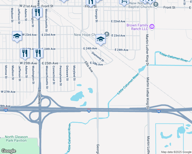 map of restaurants, bars, coffee shops, grocery stores, and more near 2607-11 Georgia Street in Gary
