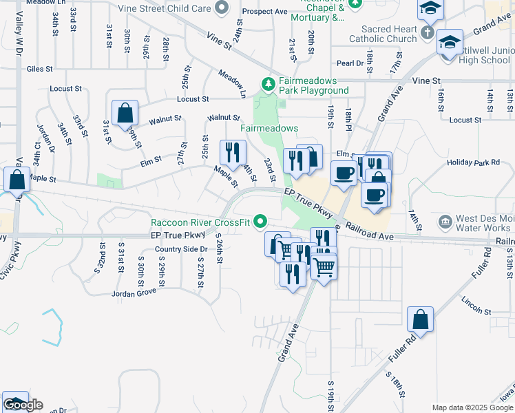 map of restaurants, bars, coffee shops, grocery stores, and more near 2210 EP True Parkway in West Des Moines