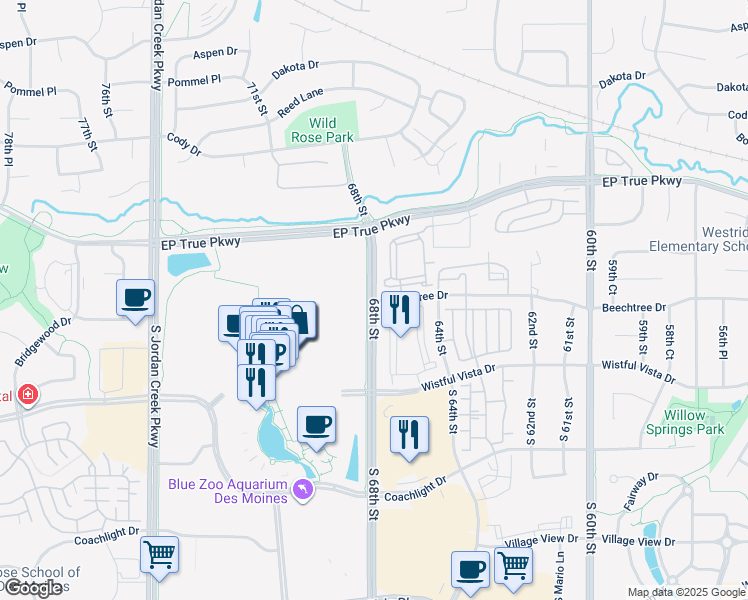 map of restaurants, bars, coffee shops, grocery stores, and more near 286 68th Street in West Des Moines