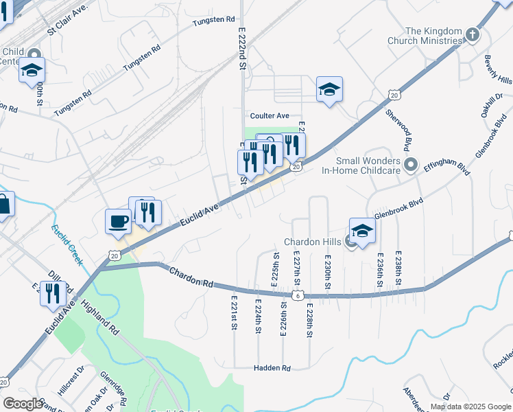 map of restaurants, bars, coffee shops, grocery stores, and more near 22140 Euclid Avenue in Euclid