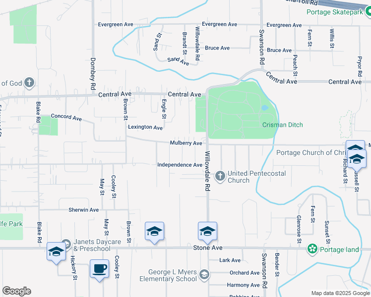 map of restaurants, bars, coffee shops, grocery stores, and more near 2792 Brandt Street in Portage