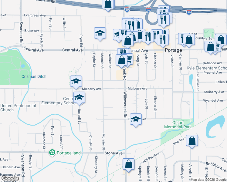 map of restaurants, bars, coffee shops, grocery stores, and more near 5957 Mulberry Avenue in Portage