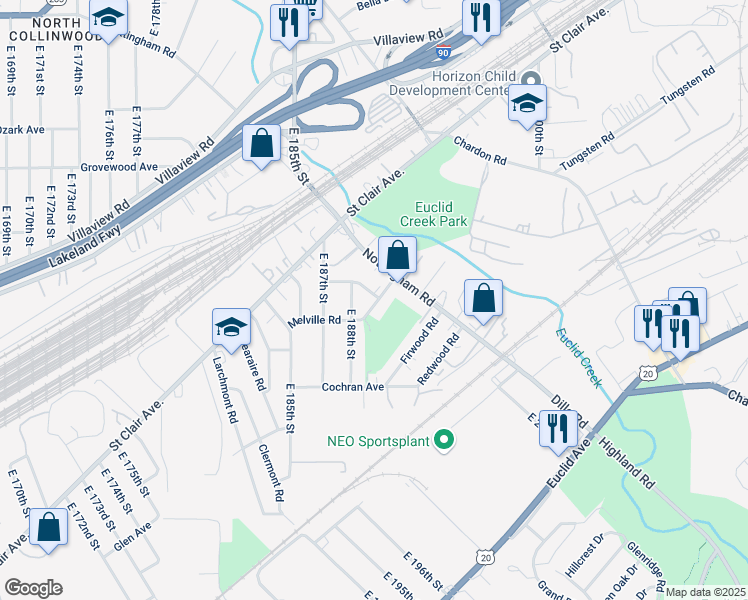 map of restaurants, bars, coffee shops, grocery stores, and more near 18918 Ironwood Avenue in Cleveland