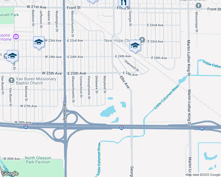 map of restaurants, bars, coffee shops, grocery stores, and more near 2592 Virginia Street in Gary