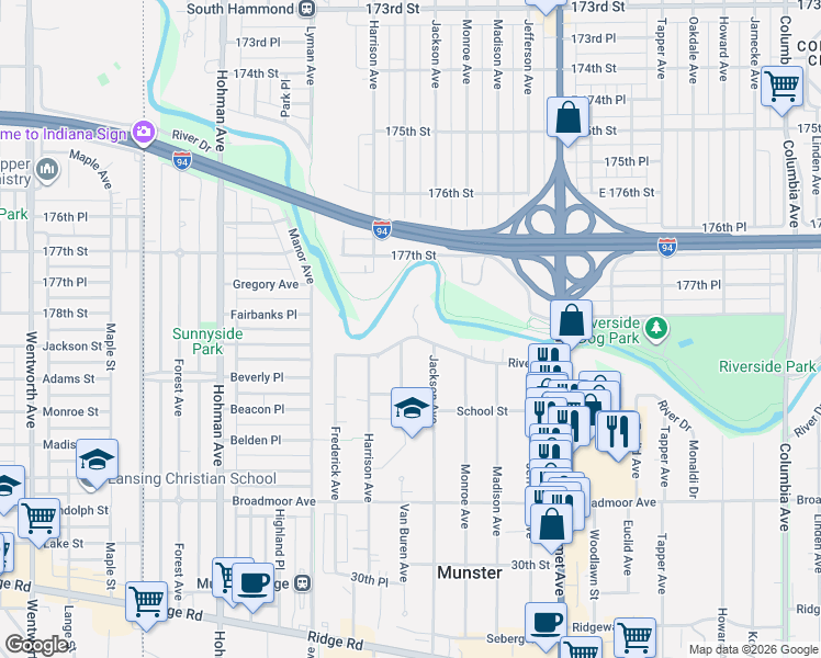 map of restaurants, bars, coffee shops, grocery stores, and more near 7826 Jackson Avenue in Munster