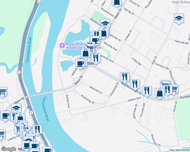 map of restaurants, bars, coffee shops, grocery stores, and more near 75 Marlborough Street in Portland